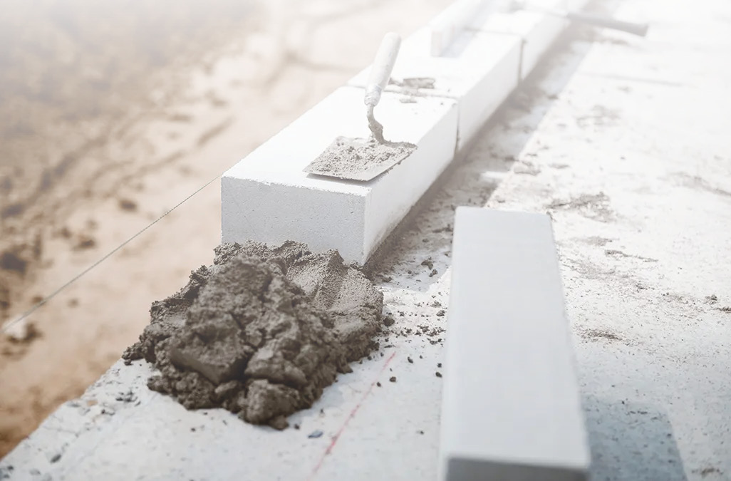 Im Bau befindliche Mauer, mit Spachtel und Spachtelmasse